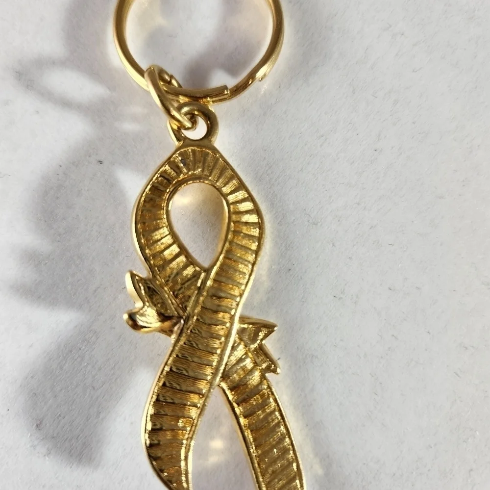 Vintage Avon Breast Cancer Key Chain Light Pink and Gold Ribbon with Gold Rose